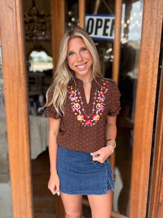 Embroidered Boho Floral Ruffle Blouse