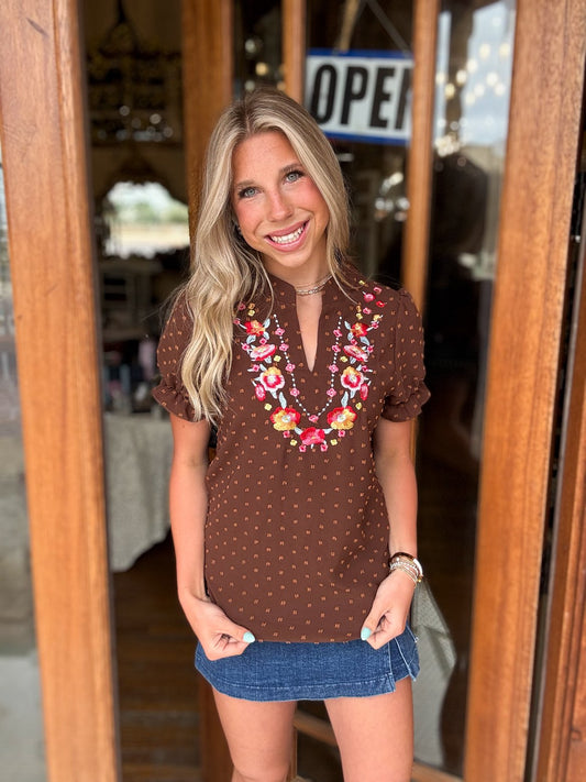 Embroidered Boho Floral Ruffle Blouse