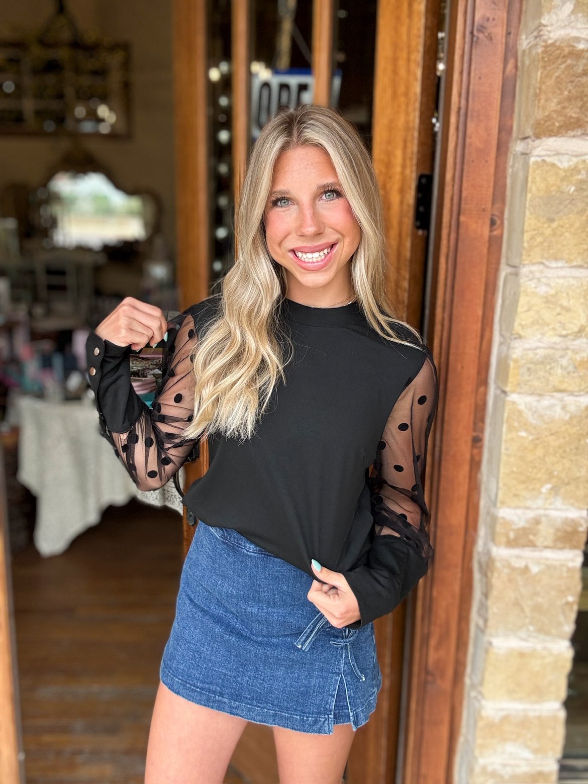 Blouse - Black Long Sleeve Lace Chiffon