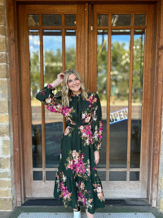 Dress | Midi Floral Printed Ruffled Neckline Tiered Skirt