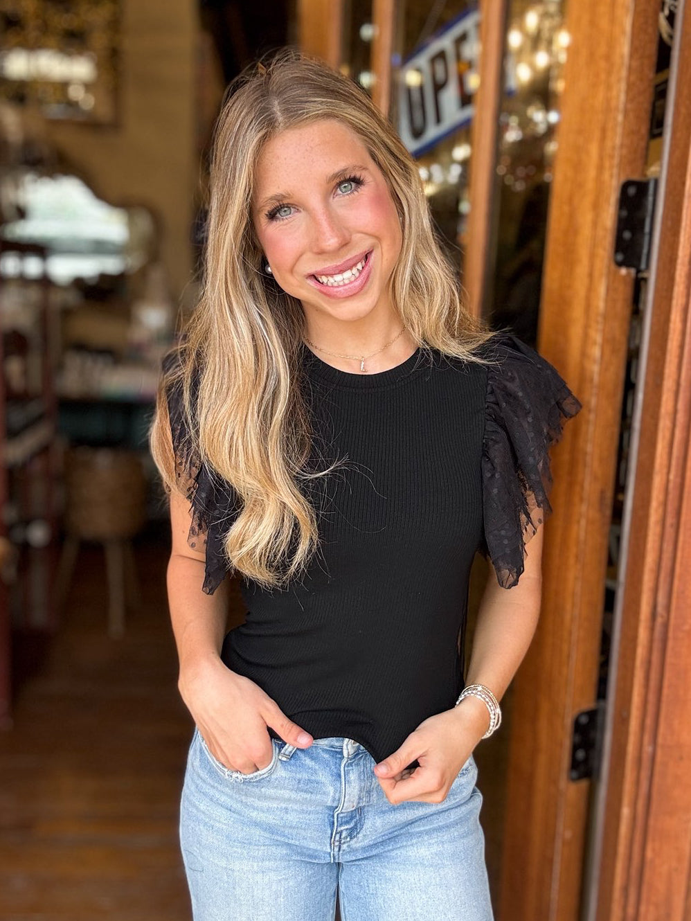 Black Mesh Ruffle Sleeve Blouse