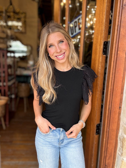 Black Mesh Ruffle Sleeve Blouse