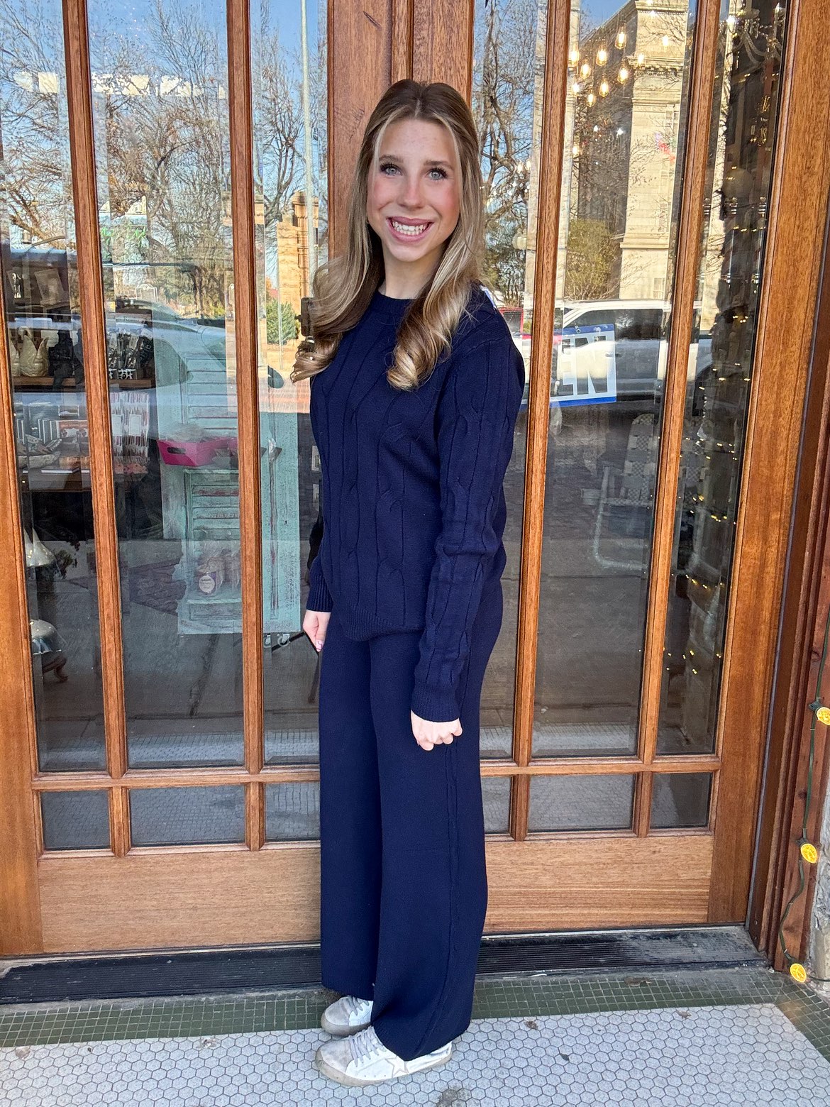 Cable Knit Sweater Set One Size Navy Blue