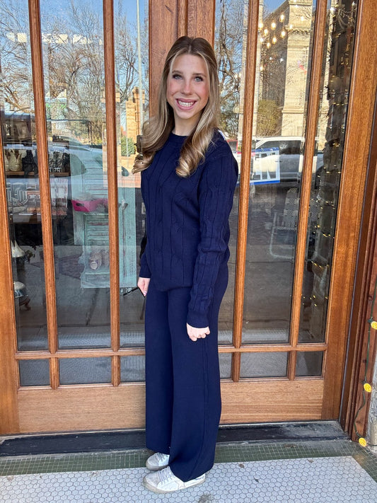 Cable Knit Sweater Set One Size Navy Blue