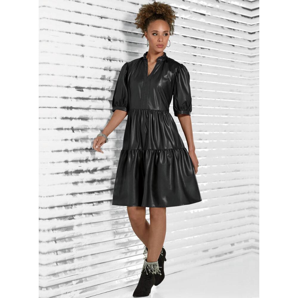 Dress | Black Faux Leather Tiered Mini Dress