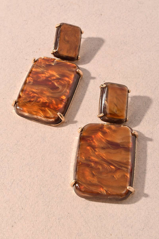 Earrings - Brown Marbled Resin Geometric Statement