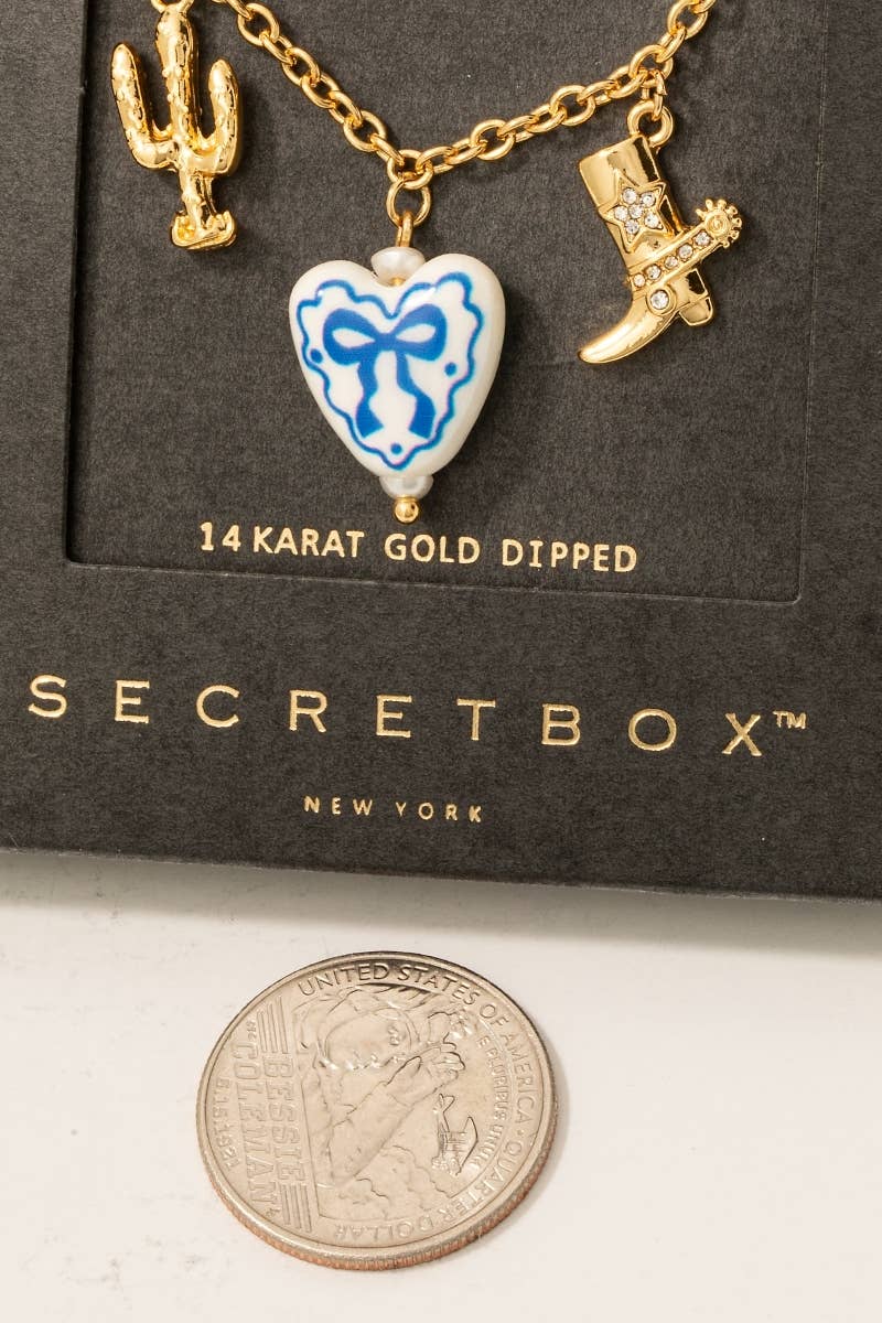 Gold Dipped Ceramic Bow Heart Western Charms Chain Necklace