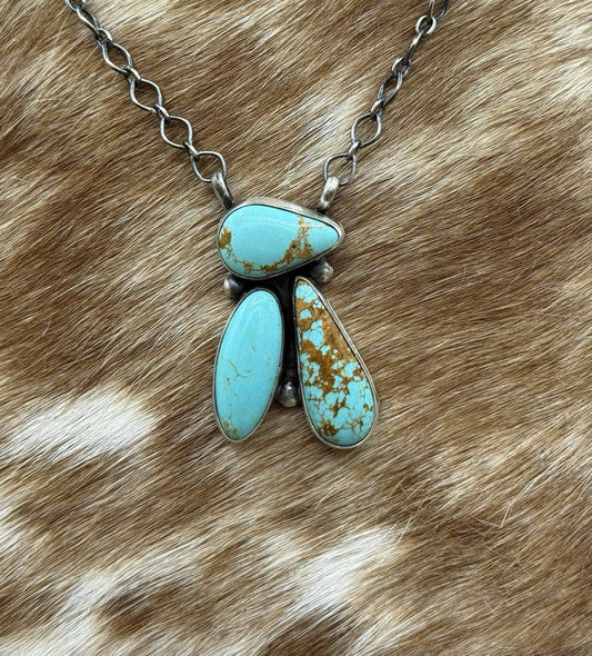 Navajo Handmade Sterling Silver Mixed Turquoise  Cluster Bar Necklace 18”