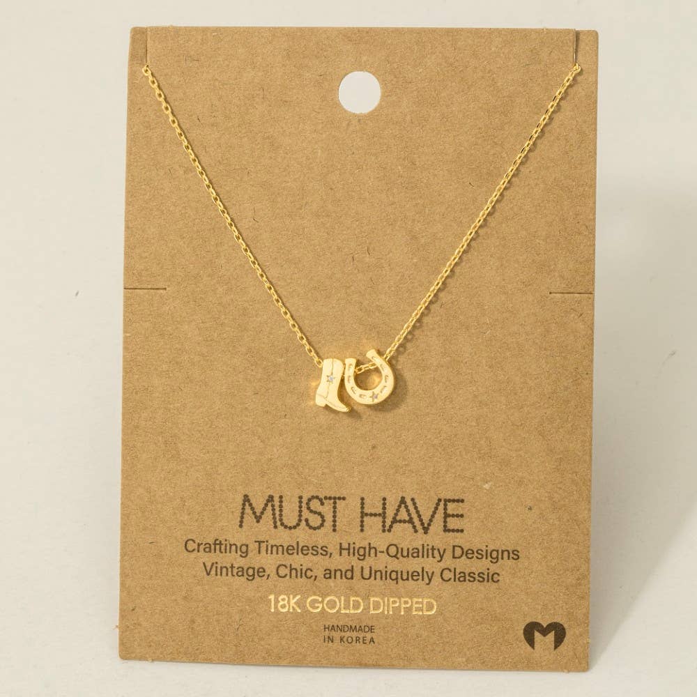 Gold Dipped Cowboy Boots Horse Shoe Charm Necklace