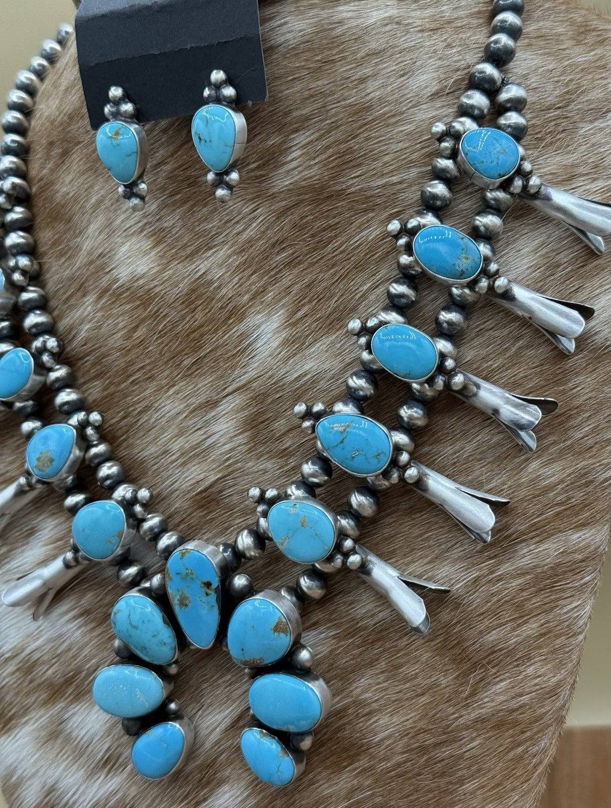 Navajo Handmade Sterling Silver Kingman Turquoise Squash Blossom Necklace 20”