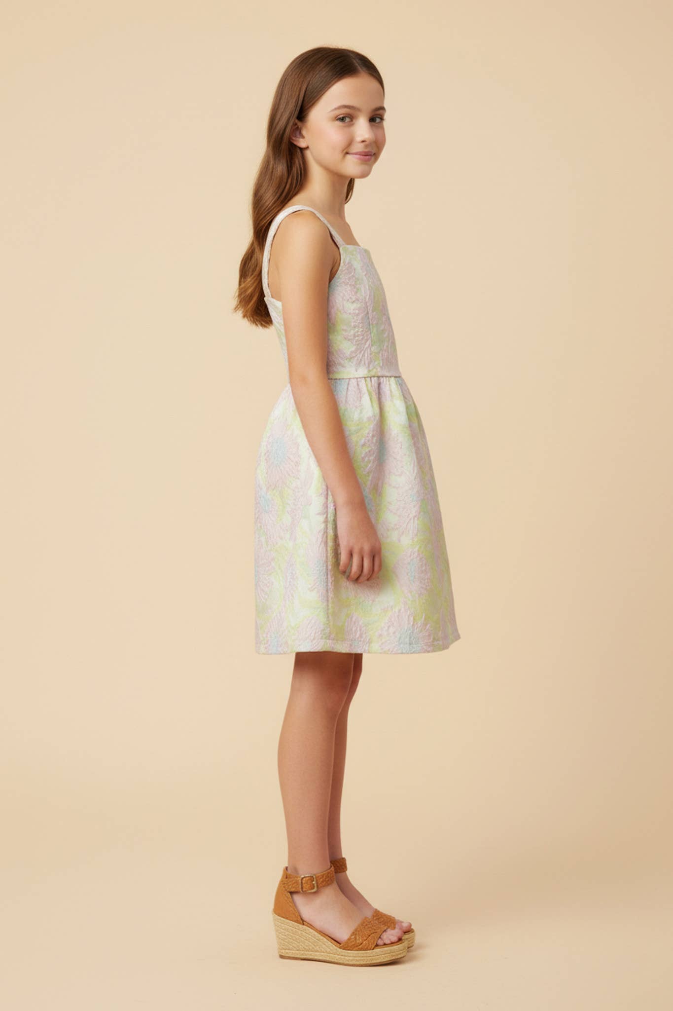 Dress - Girls Floral Jacquard Square Neck
