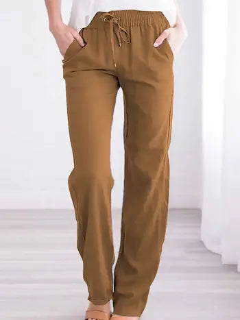 Bottoms | Drawstring Elastic Waist Pockets Long Pants -Brown