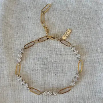Bracelet - Gold Plated Paperclip Chain W/ Rhinestones