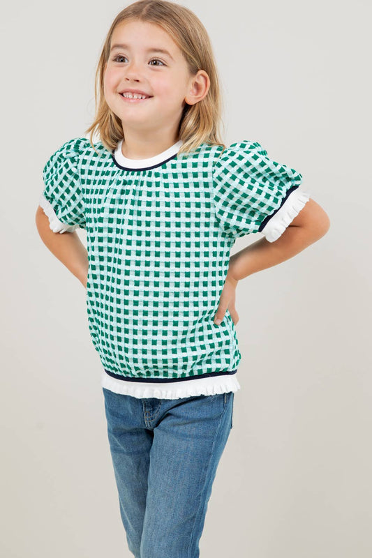 Girls | Blouse Puff Sleeve Green Checkered Print With White Trim on Neck, Sleeves & Waist