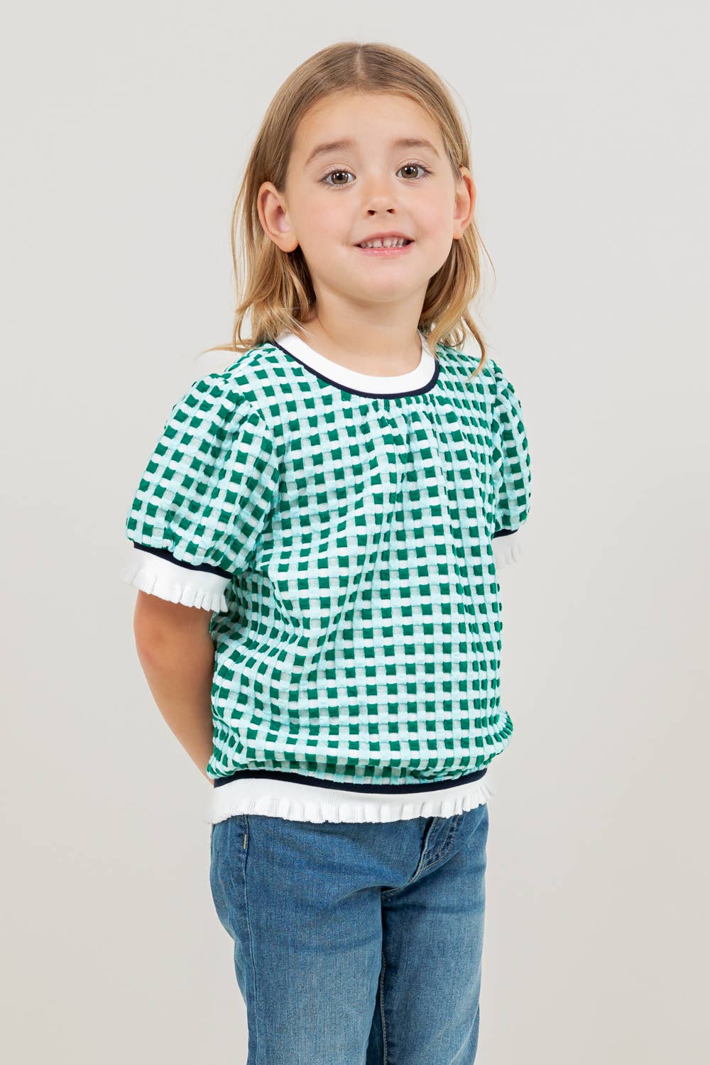Girls | Blouse Puff Sleeve Green Checkered Print With White Trim on Neck, Sleeves & Waist
