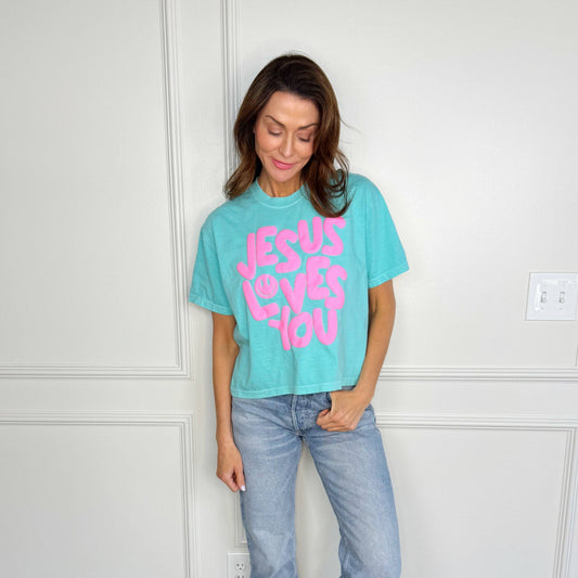 Mint Smiley Jesus Loves You Puff Cropped Tee