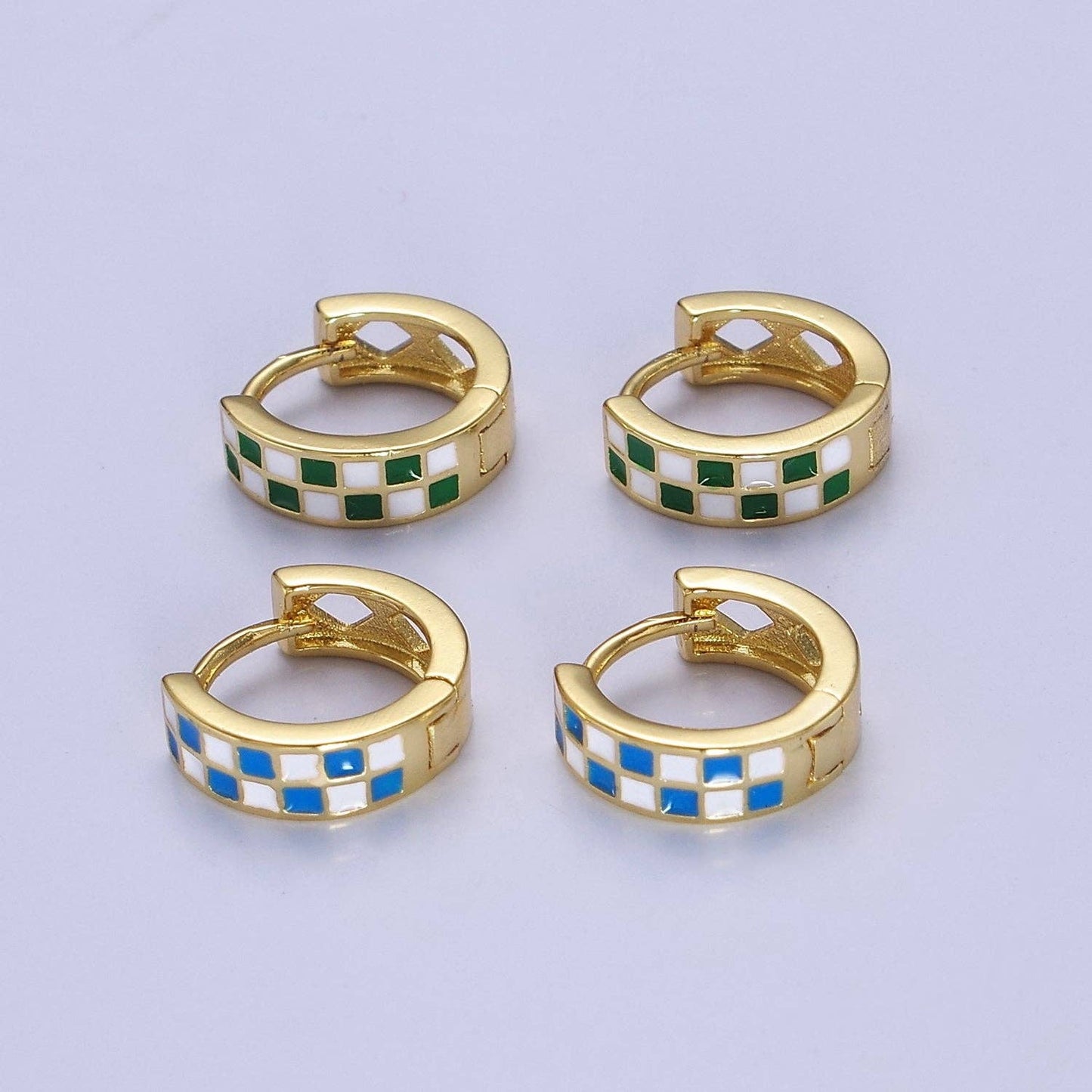 Jewelry | Earrings 24K Gold Filled Enamel Checker Hoops Retro Gold Hugg Green