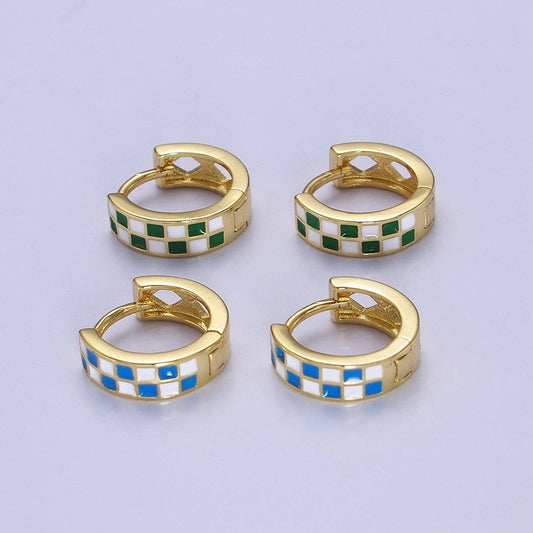 Jewelry | Earrings 24K Gold Filled Enamel Checker Hoops Retro Gold Hugg Green
