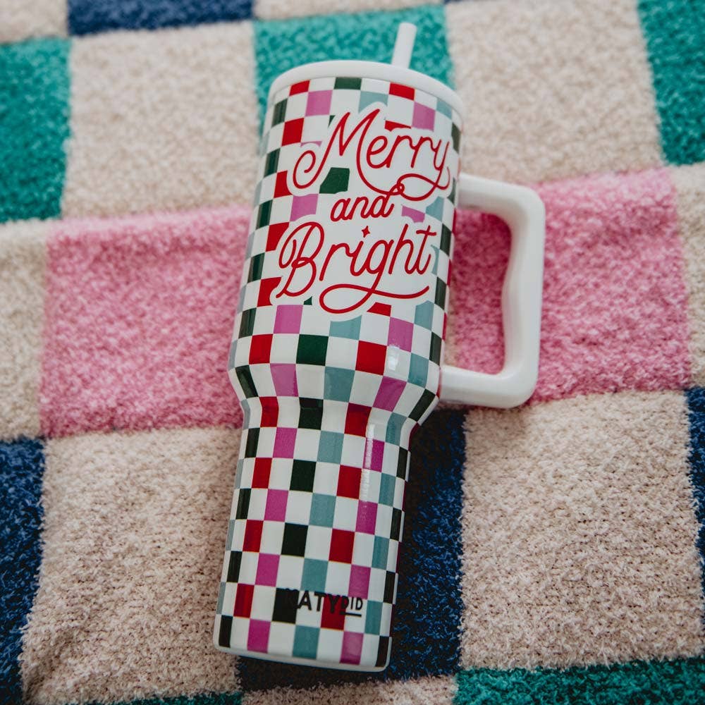 Tumbler | Merry & Bright Checkered Christmas Cup w/ Handle