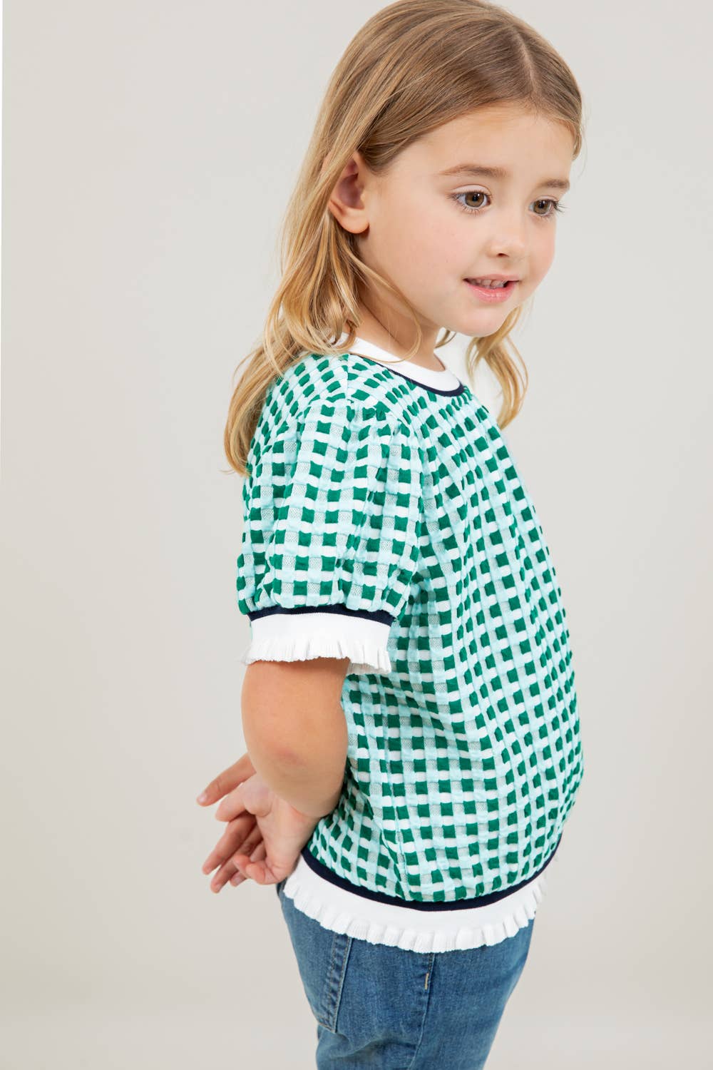 Girls | Blouse Puff Sleeve Green Checkered Print With White Trim on Neck, Sleeves & Waist