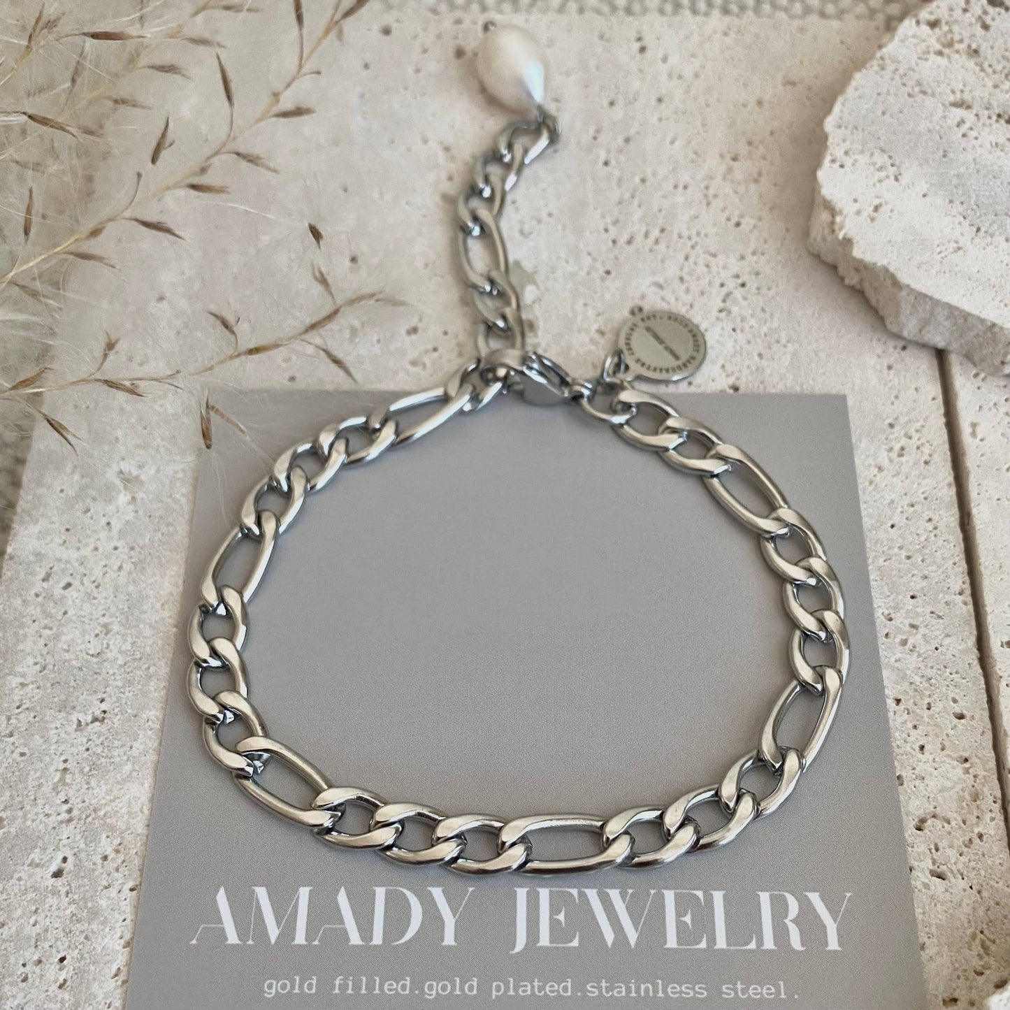 Bracelet - Silver Figaro Pearl Chain Link