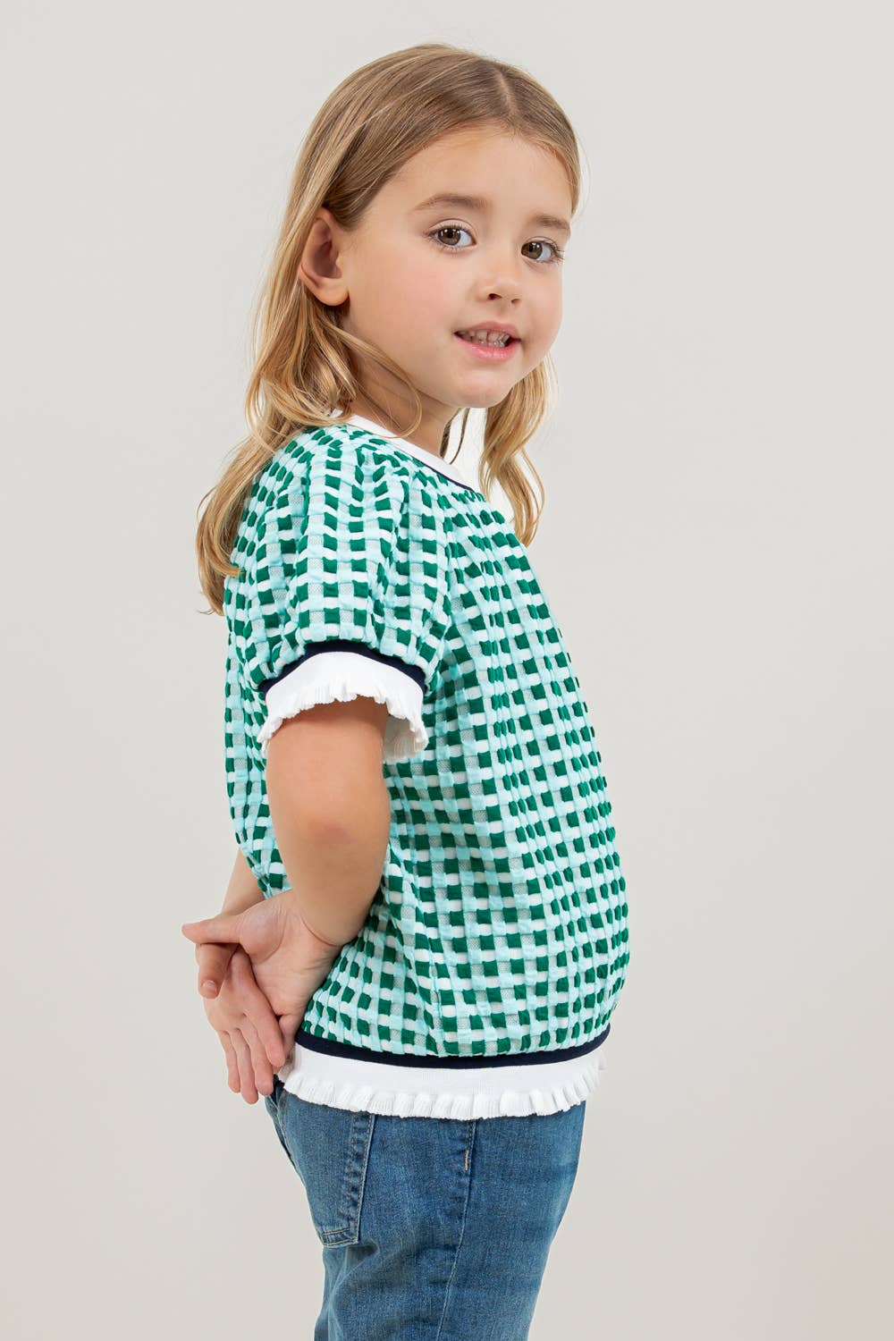 Girls | Blouse Puff Sleeve Green Checkered Print With White Trim on Neck, Sleeves & Waist