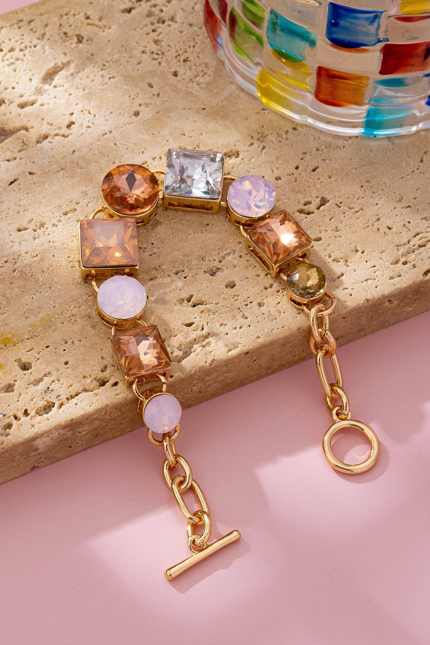 Bracelet - Pastel Multi-Crystal Gold Link Toggle