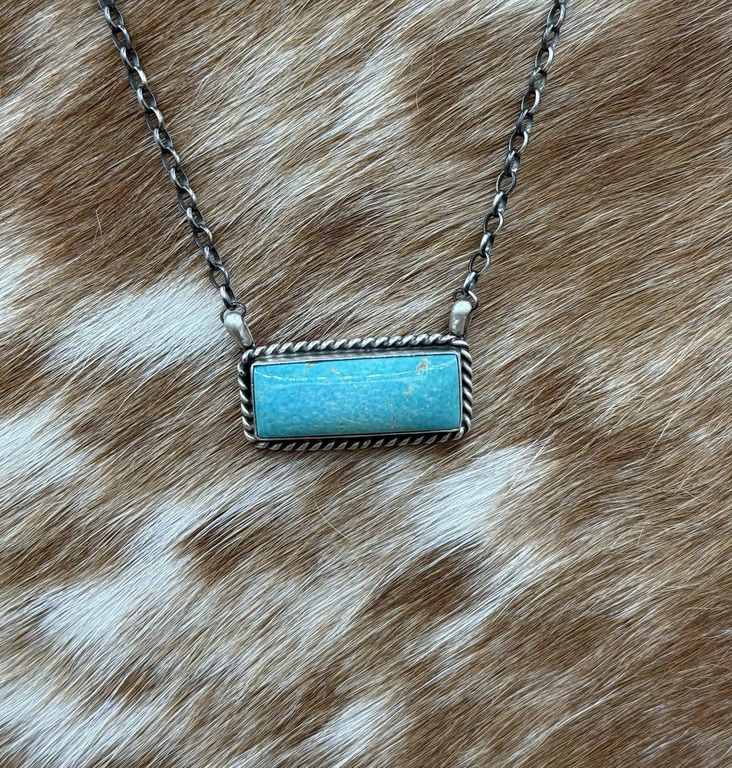 Native Navajo Handmade Sterling Silver Kingman Turquoise Bar Necklace 18”