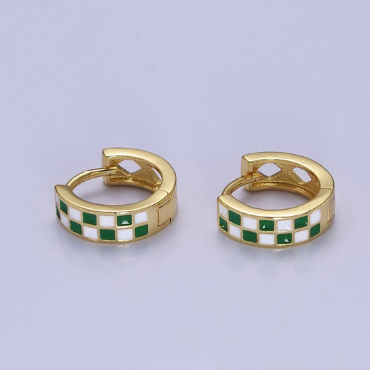 Jewelry | Earrings 24K Gold Filled Enamel Checker Hoops Retro Gold Hugg Green