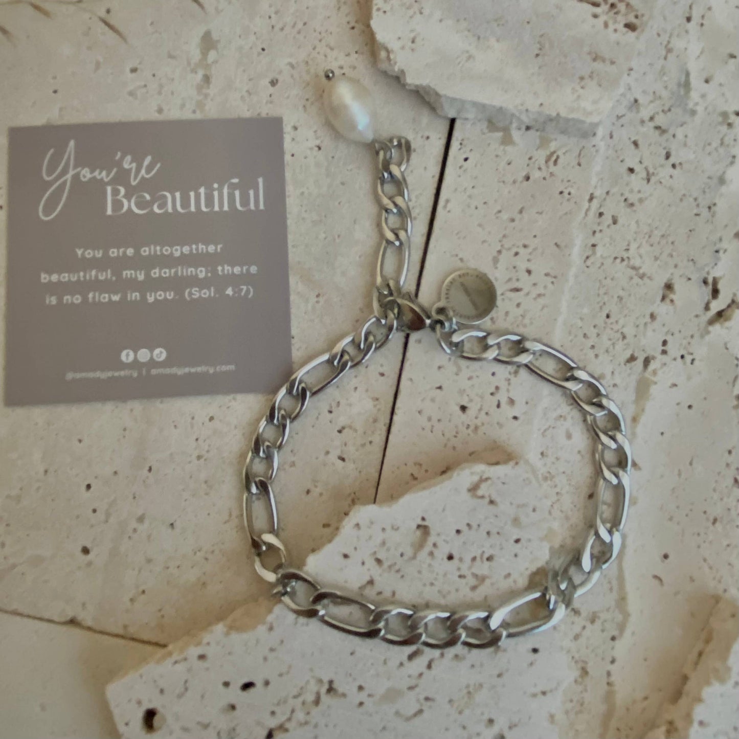 Bracelet - Silver Figaro Pearl Chain Link