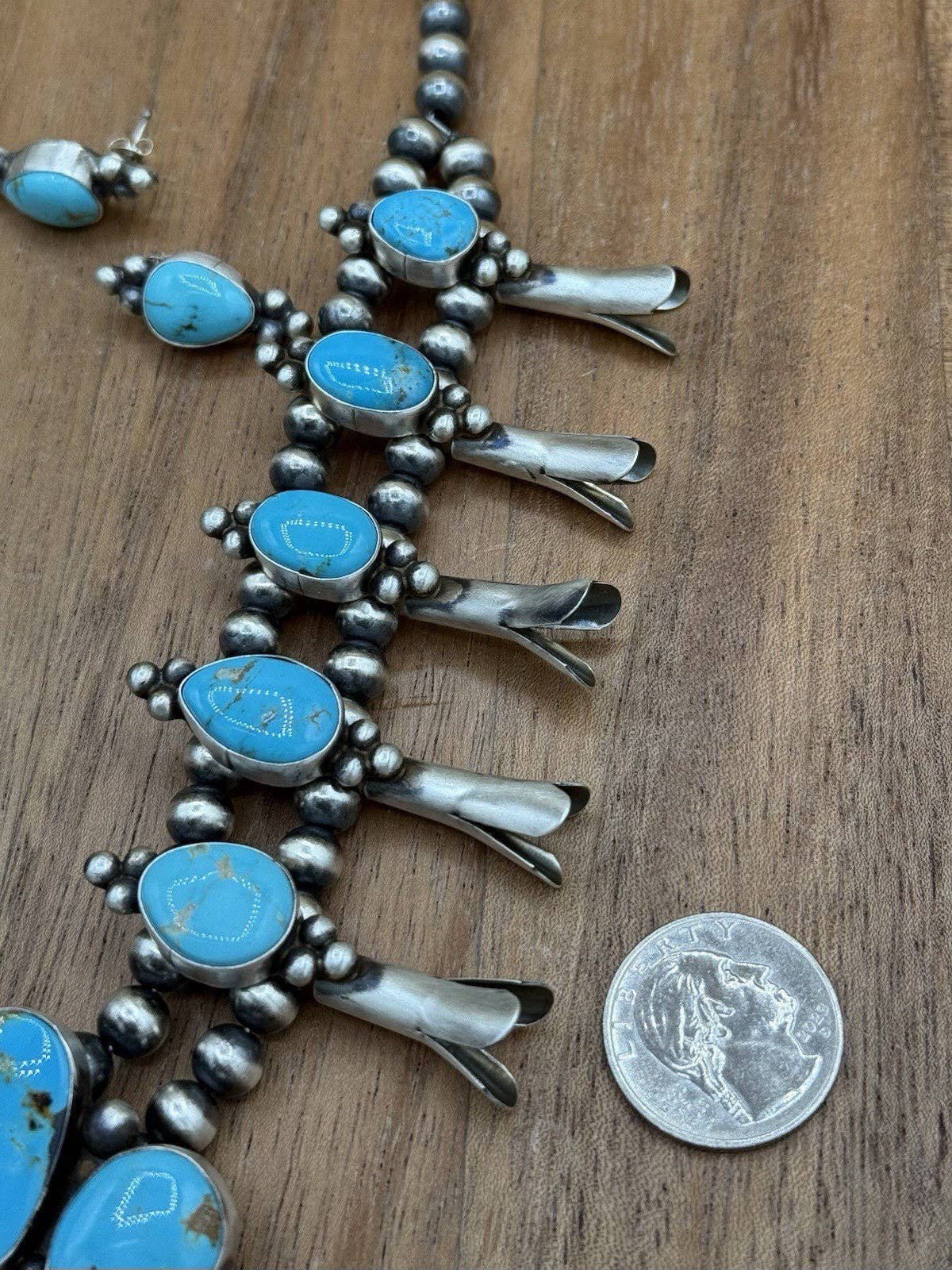 Navajo Handmade Sterling Silver Kingman Turquoise Squash Blossom Necklace 20”