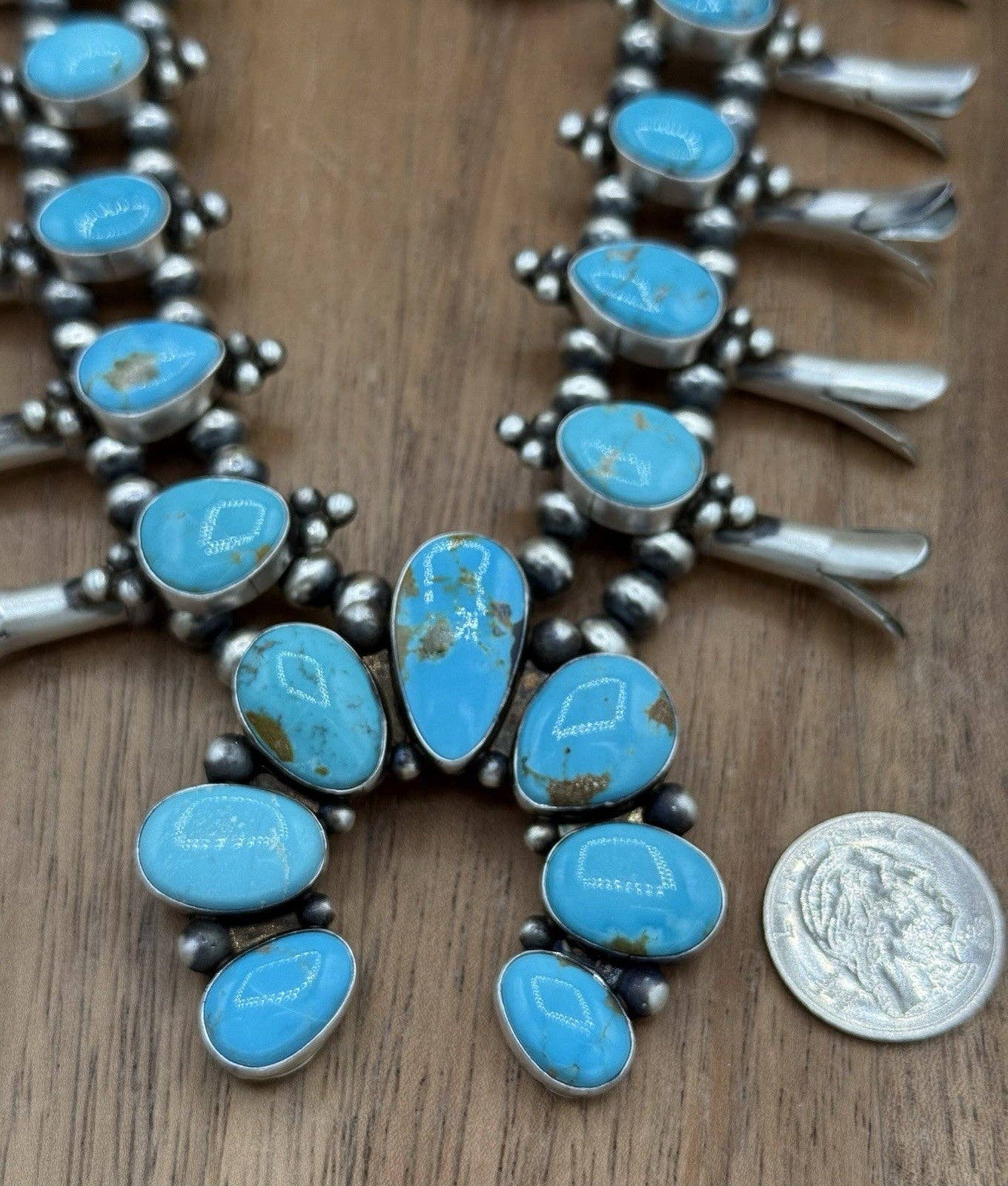 Navajo Handmade Sterling Silver Kingman Turquoise Squash Blossom Necklace 20”