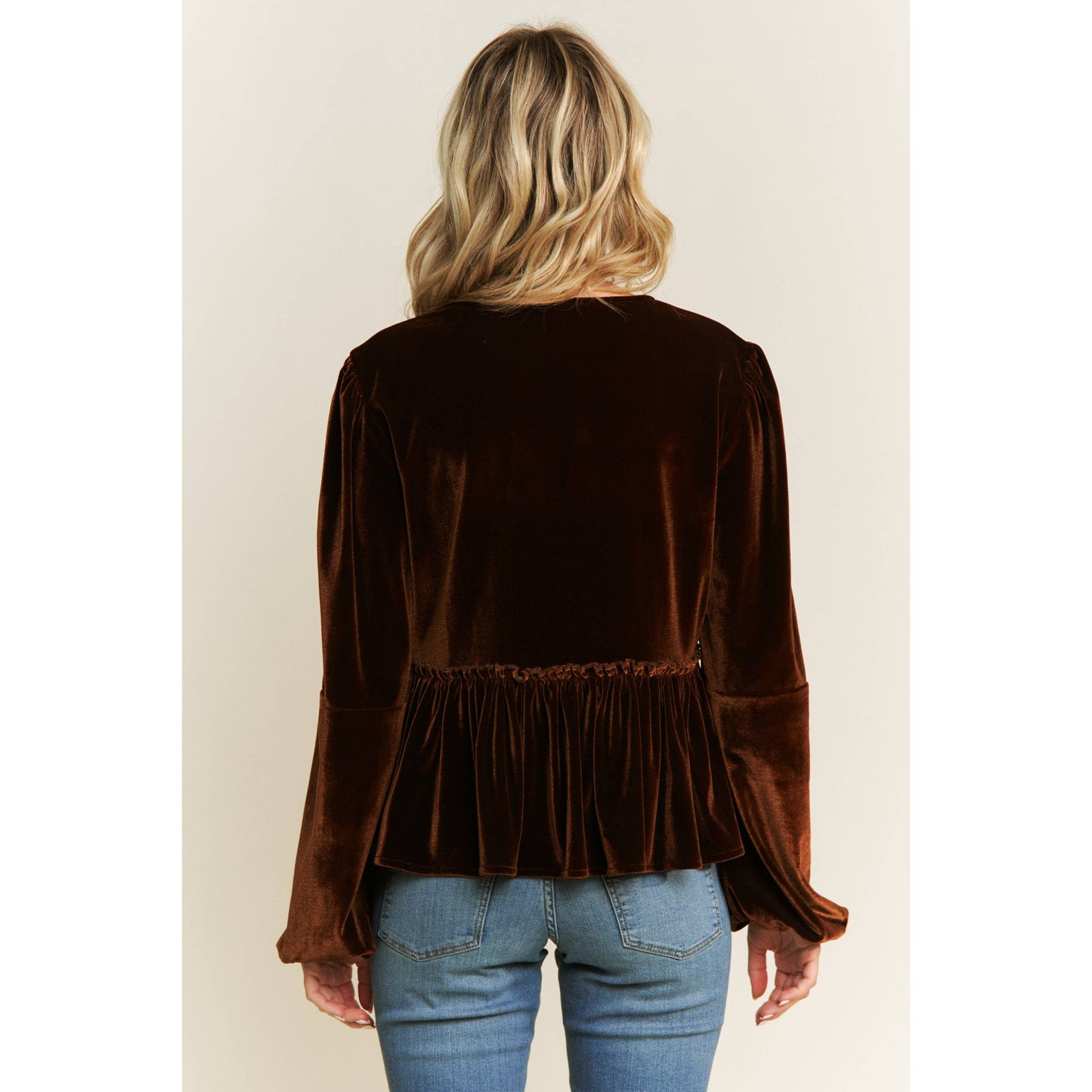 Tops | Blouse Velvet Open Front Babydoll W/Bow Detail