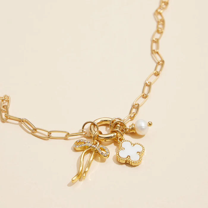 Jewelry | Necklace Gold Dipped Bow Charm Clover & Pearl