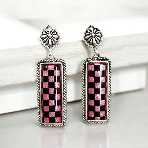 Jewelry | Earrings Fuchsia Western Checker Bar Earring