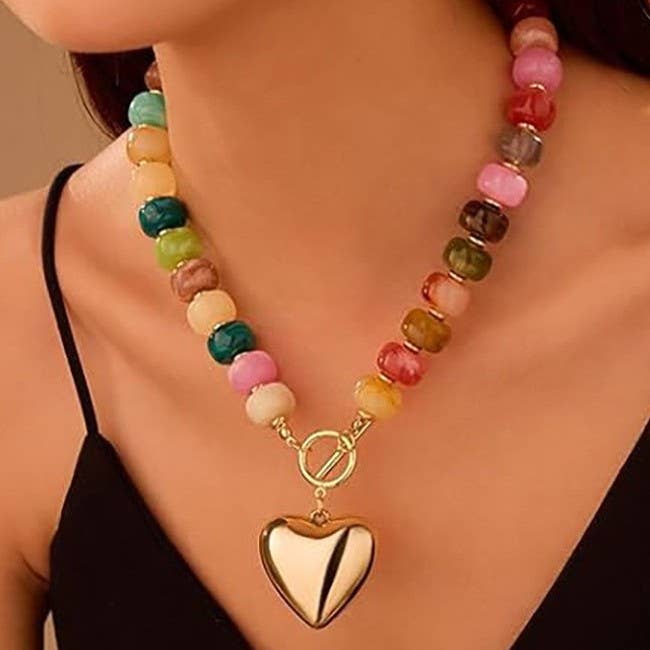 Necklace - Multi Beaded Heart Charm Toggle