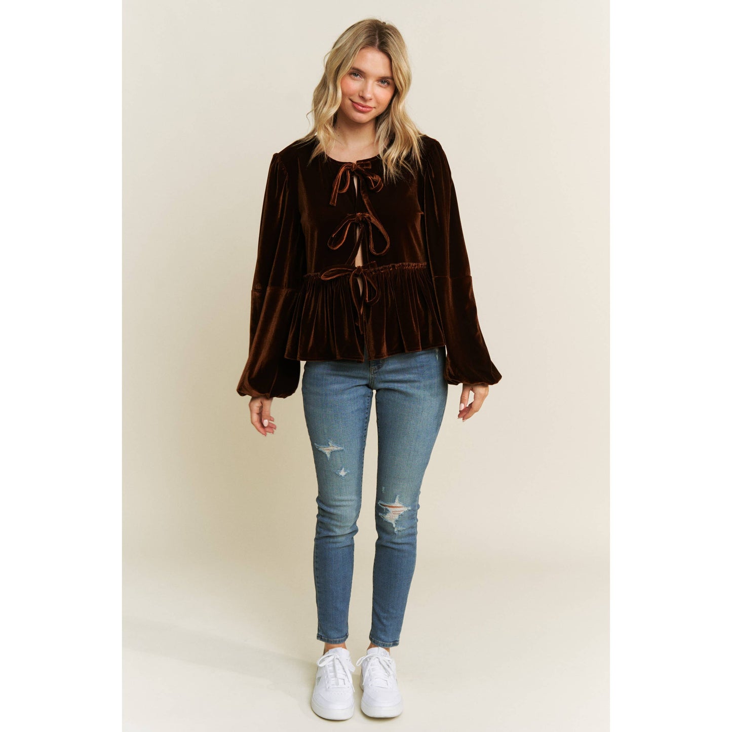 Tops | Blouse Velvet Open Front Babydoll W/Bow Detail