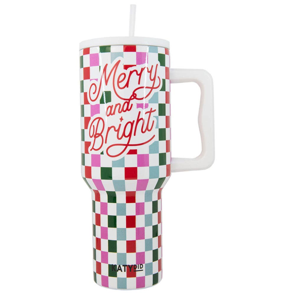 Tumbler | Merry & Bright Checkered Christmas Cup w/ Handle