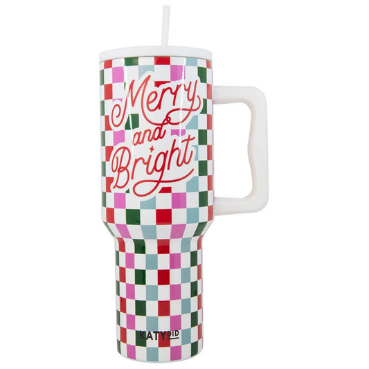 Tumbler | Merry & Bright Checkered Christmas Cup w/ Handle