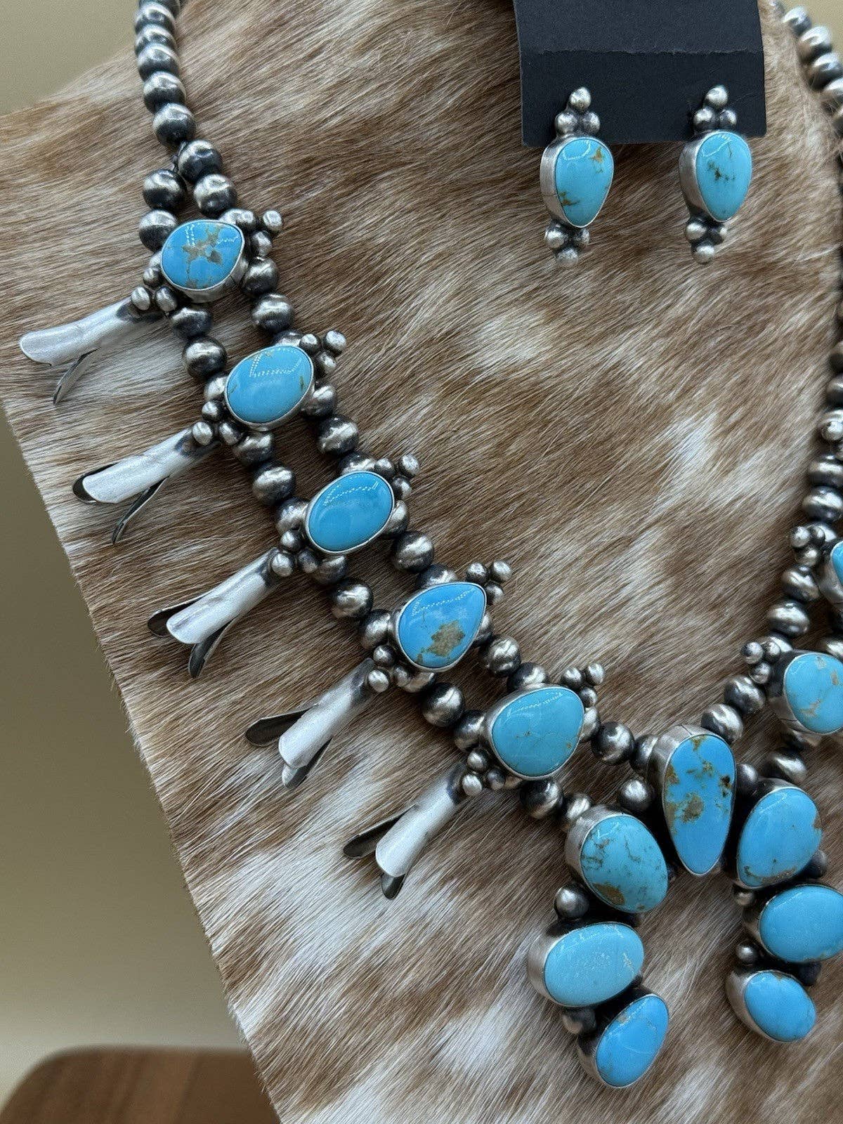 Navajo Handmade Sterling Silver Kingman Turquoise Squash Blossom Necklace 20”