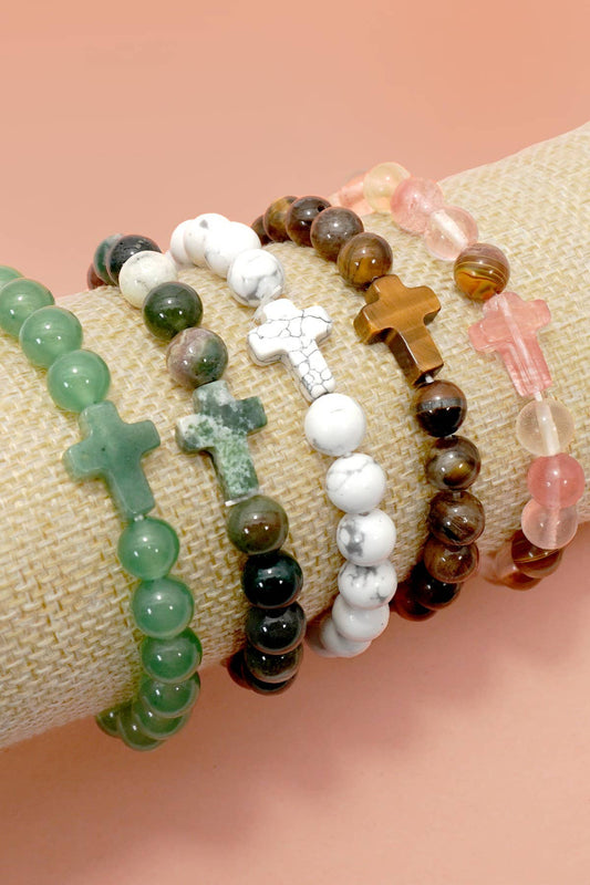 Bracelet - Boho Natural Stone Cross Charm Beaded