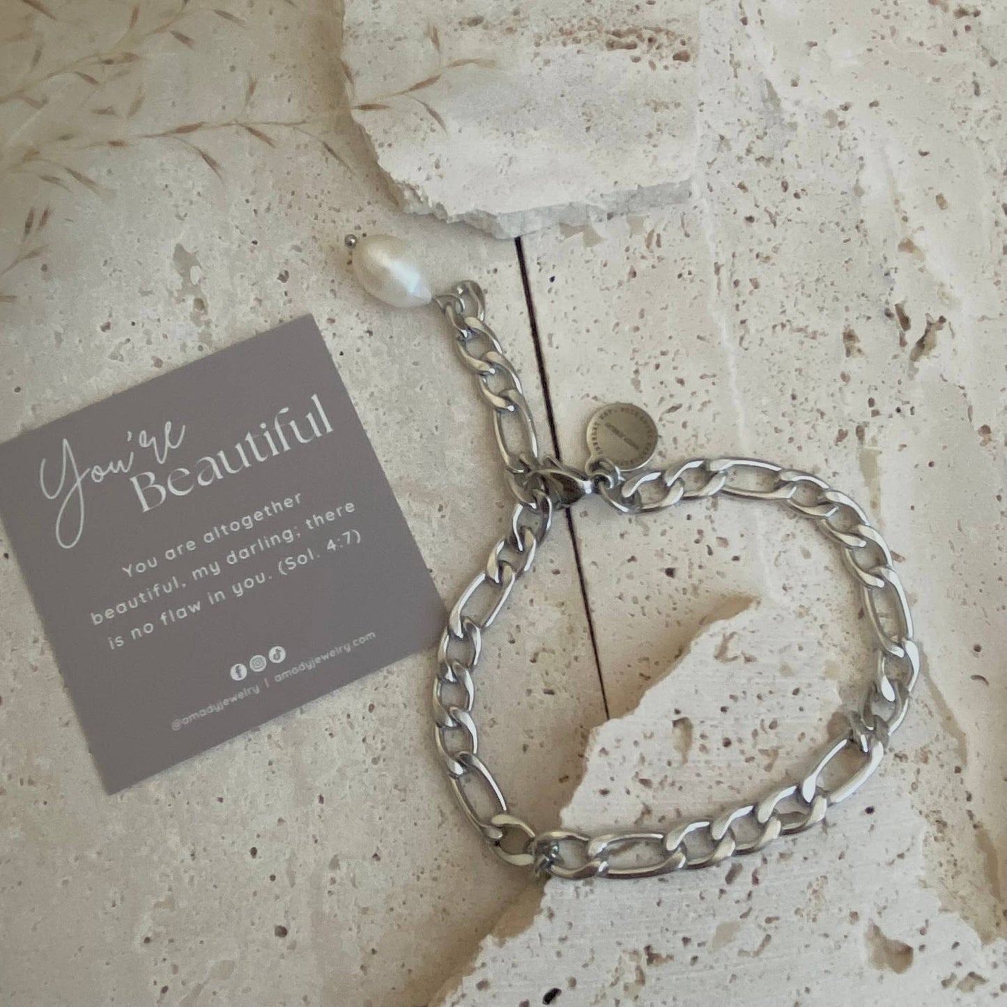 Bracelet - Silver Figaro Pearl Chain Link