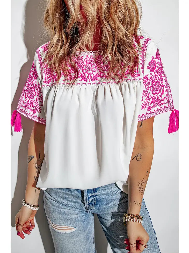 White Embroidered Floral Short Sleeve Top