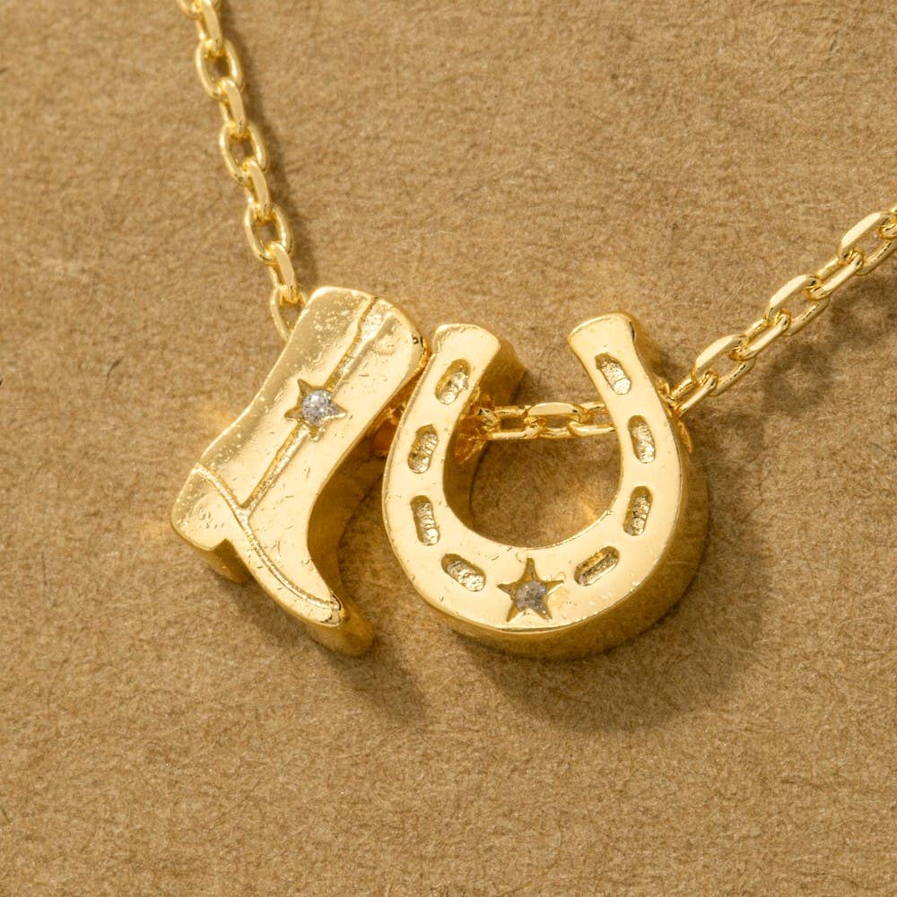 Gold Dipped Cowboy Boots Horse Shoe Charm Necklace