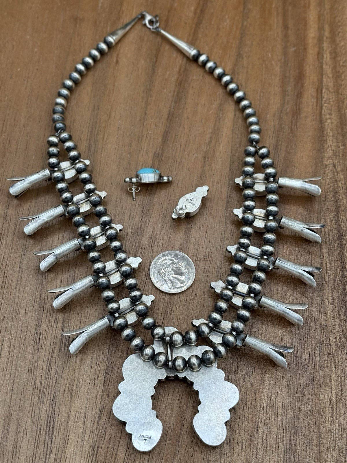 Navajo Handmade Sterling Silver Kingman Turquoise Squash Blossom Necklace 20”