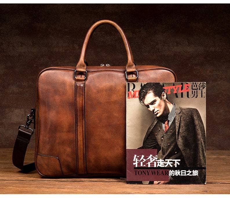 Full Grain Leather Briefcase-Laptop Shoulder Bag