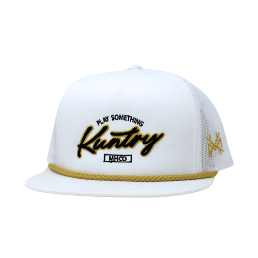 Play Something Kuntry Trucker Hat 6006 White Yupoong with Gold Rope
