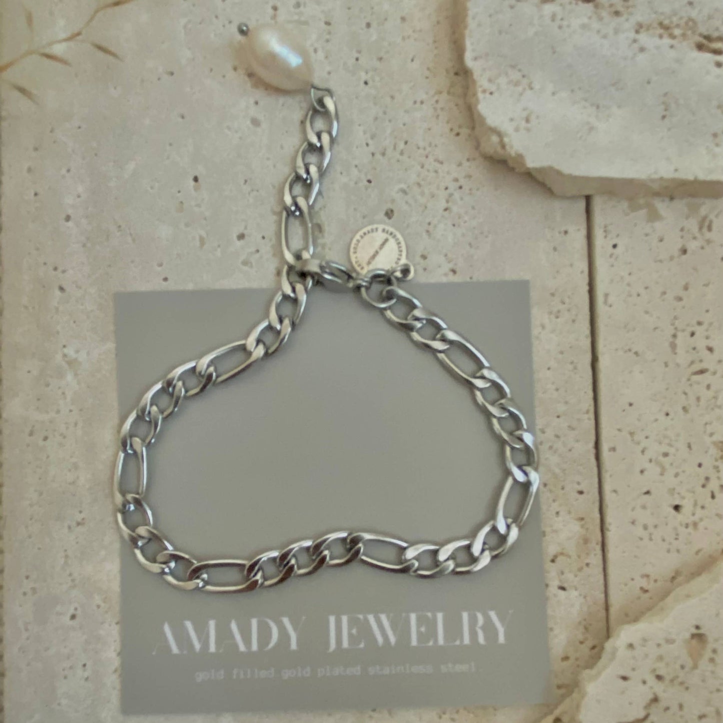Bracelet - Silver Figaro Pearl Chain Link
