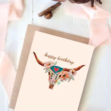 Card | Western Cowgirl Steer Skull Floral Birthday Card