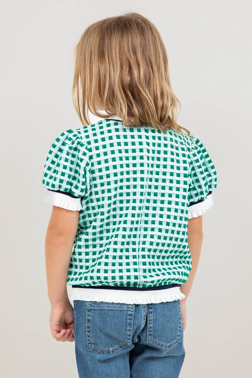 Girls | Blouse Puff Sleeve Green Checkered Print With White Trim on Neck, Sleeves & Waist